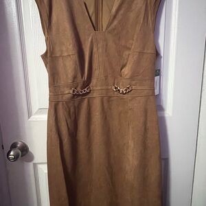 Tahari Woman Tan Midi Dress with Gold Chain Detail